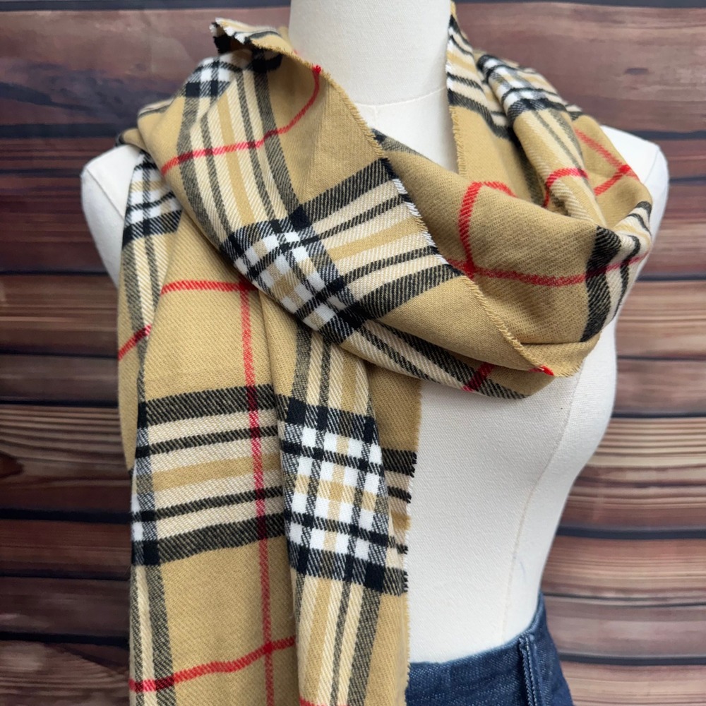 Italy Design Cashmere Blend Scarf Tan Plaid Fringe 20% Cashmere 80% Viscose